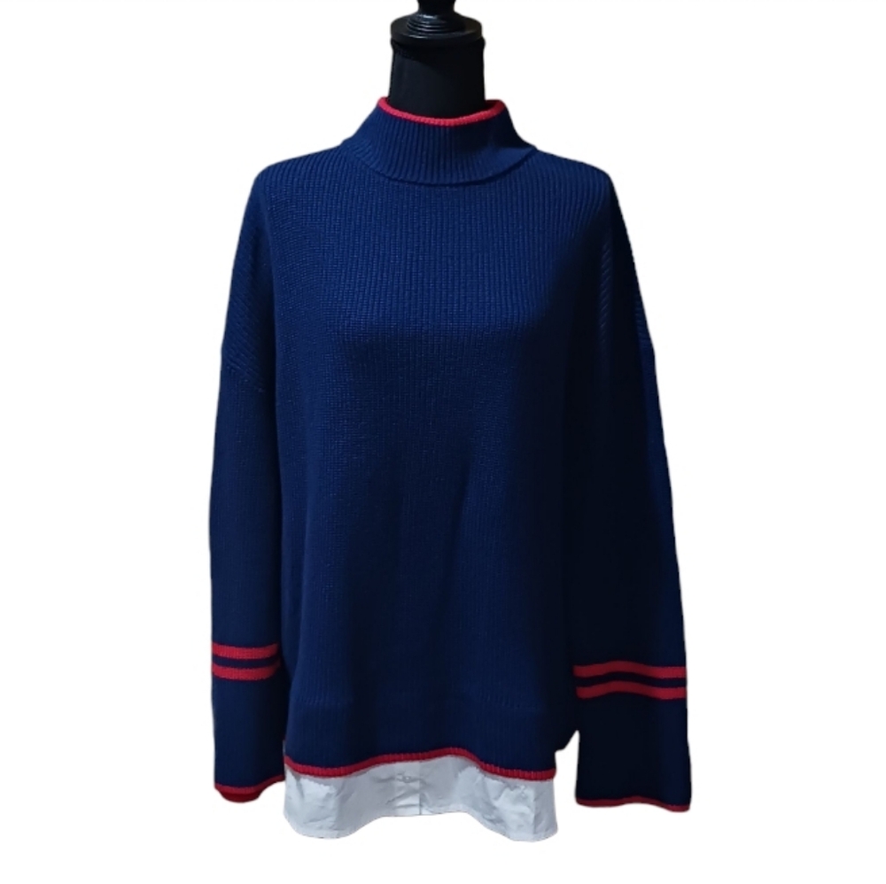 Talbots Layer Look Mock Neck Sweater Woven Hem - Picture 2 of 10